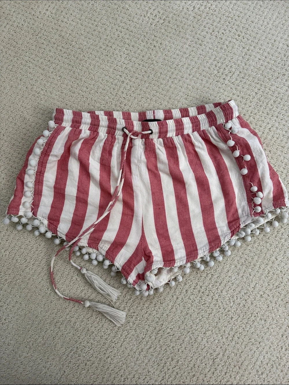 Aqua Striped Red and White Pom Pom Women’s Shorts